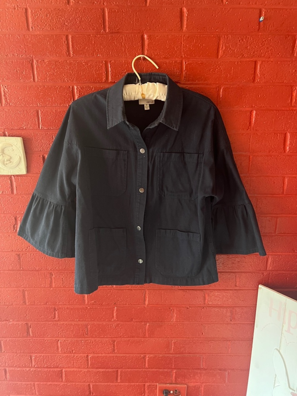 Boxy Button Front Jacket with Ruffle Sleeves - Navy